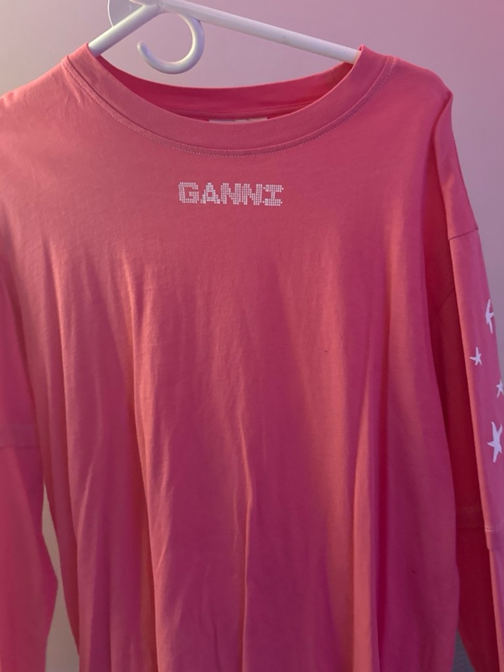 Ganni Bright Pink Long-Sleeve Tee with Rhinestone Logo